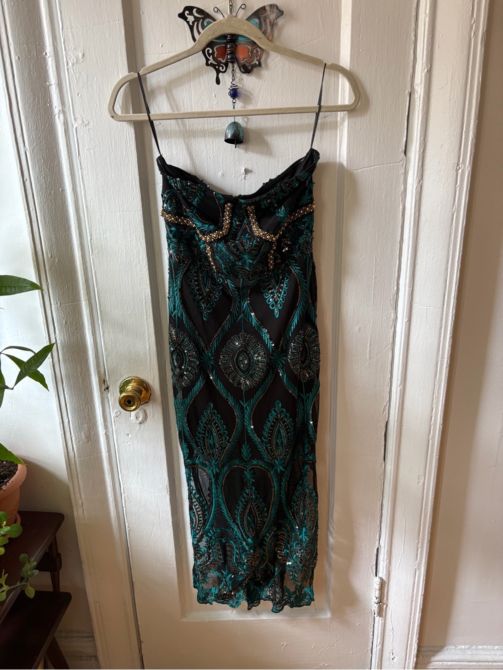 Fashion Nova Teal & Black Beaded Strapless Slip Dress